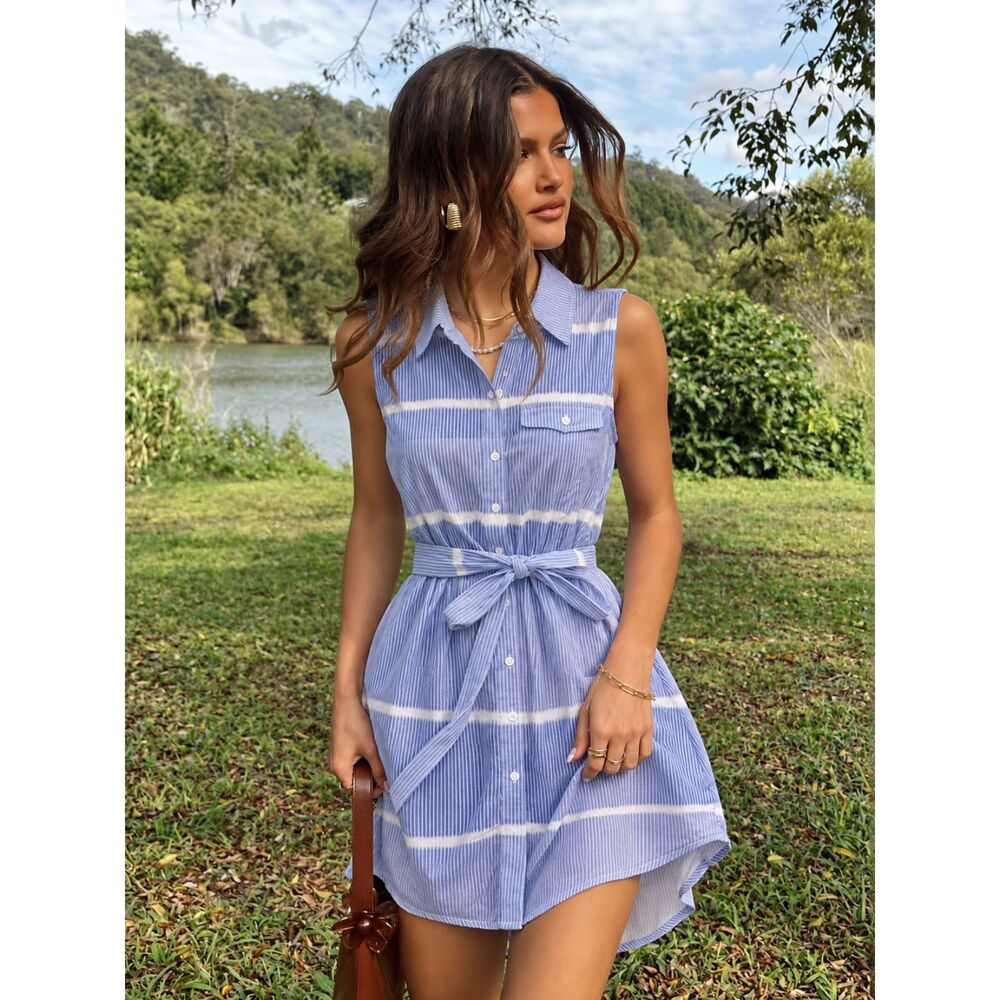 The Impeccable Pig Button-Down Sleeveless Dress - Blue & White - M